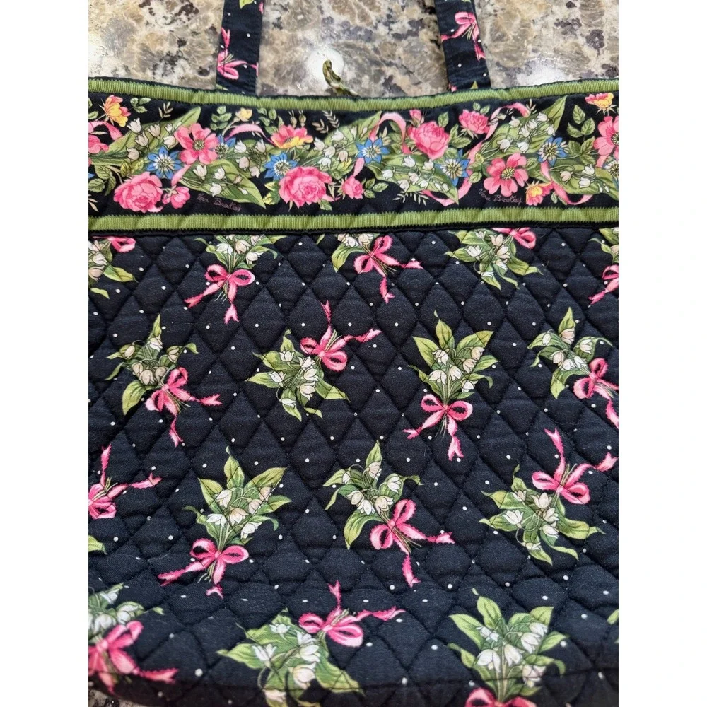 Vera Bradley Mayfair Floral Quilted Cotton Tote Bag Black Pink Green Made in USA
